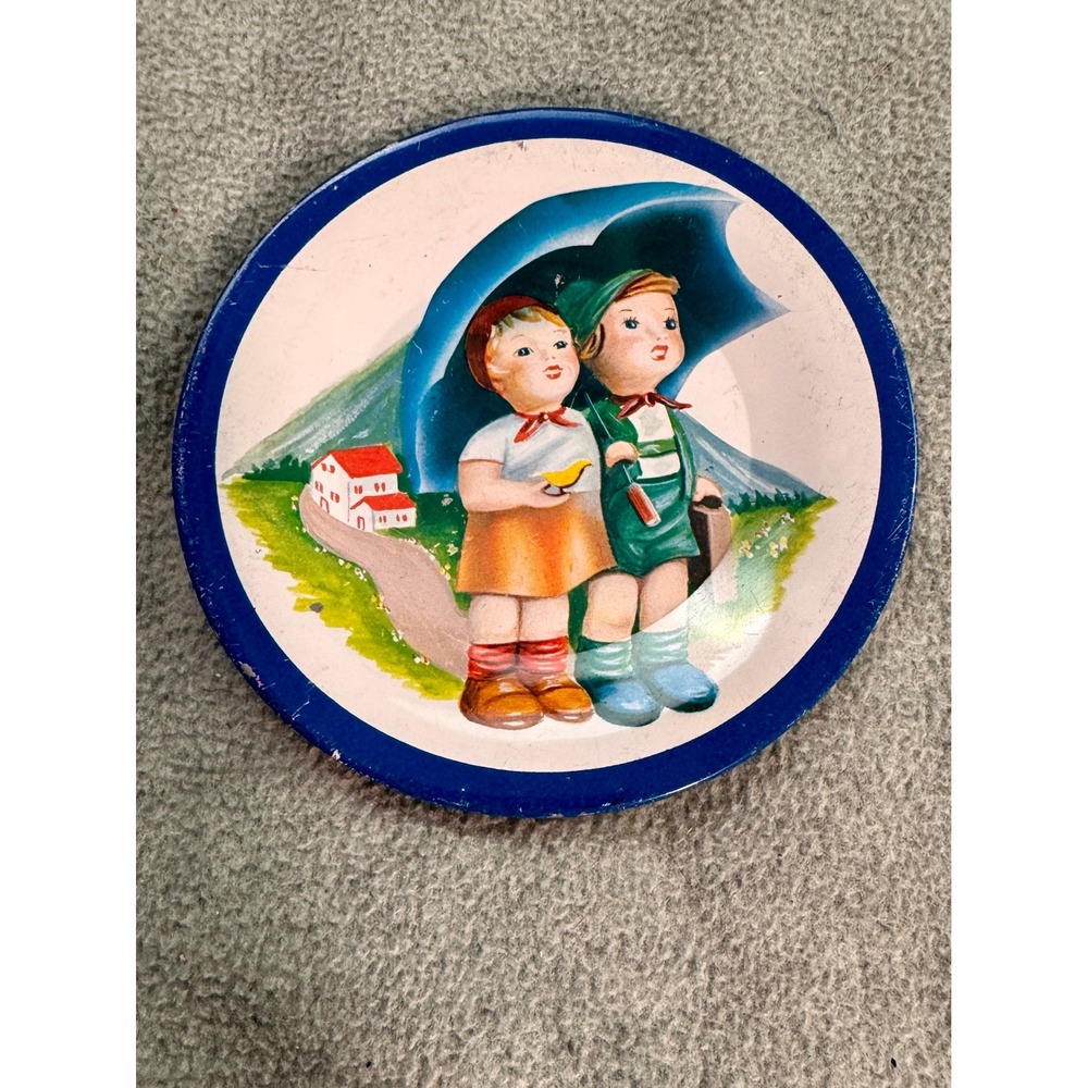 Vintage Litho Tin Toy Plate Hummel Style Children Umbrella Blue Rim 4 Inch
